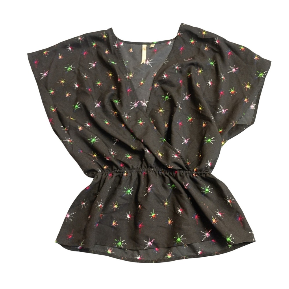 Pettycoat Alley Blouse Womens Medium Black Neon Starburst Wrap Peplum Top